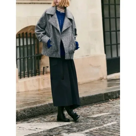 Zara Boucle Women's Gray Asymmetric Zip Collared Oversized Over Coat Jacket Sz S - Picture 3 of 8